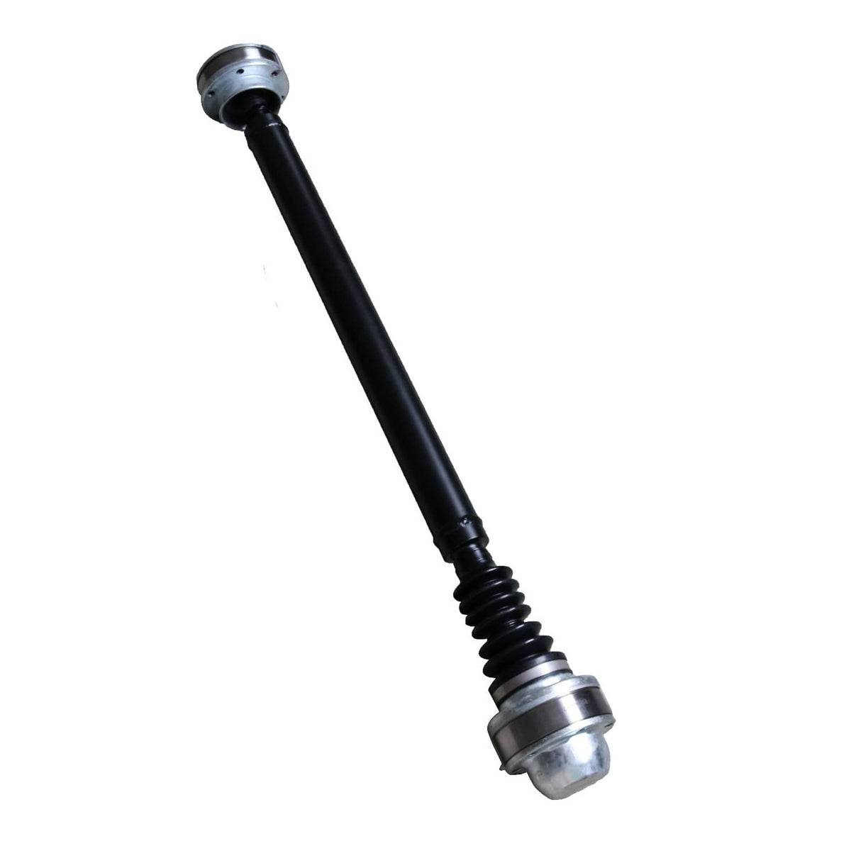 Front drive shaft with black tube, ribbed boot, and silver joint end, angled view