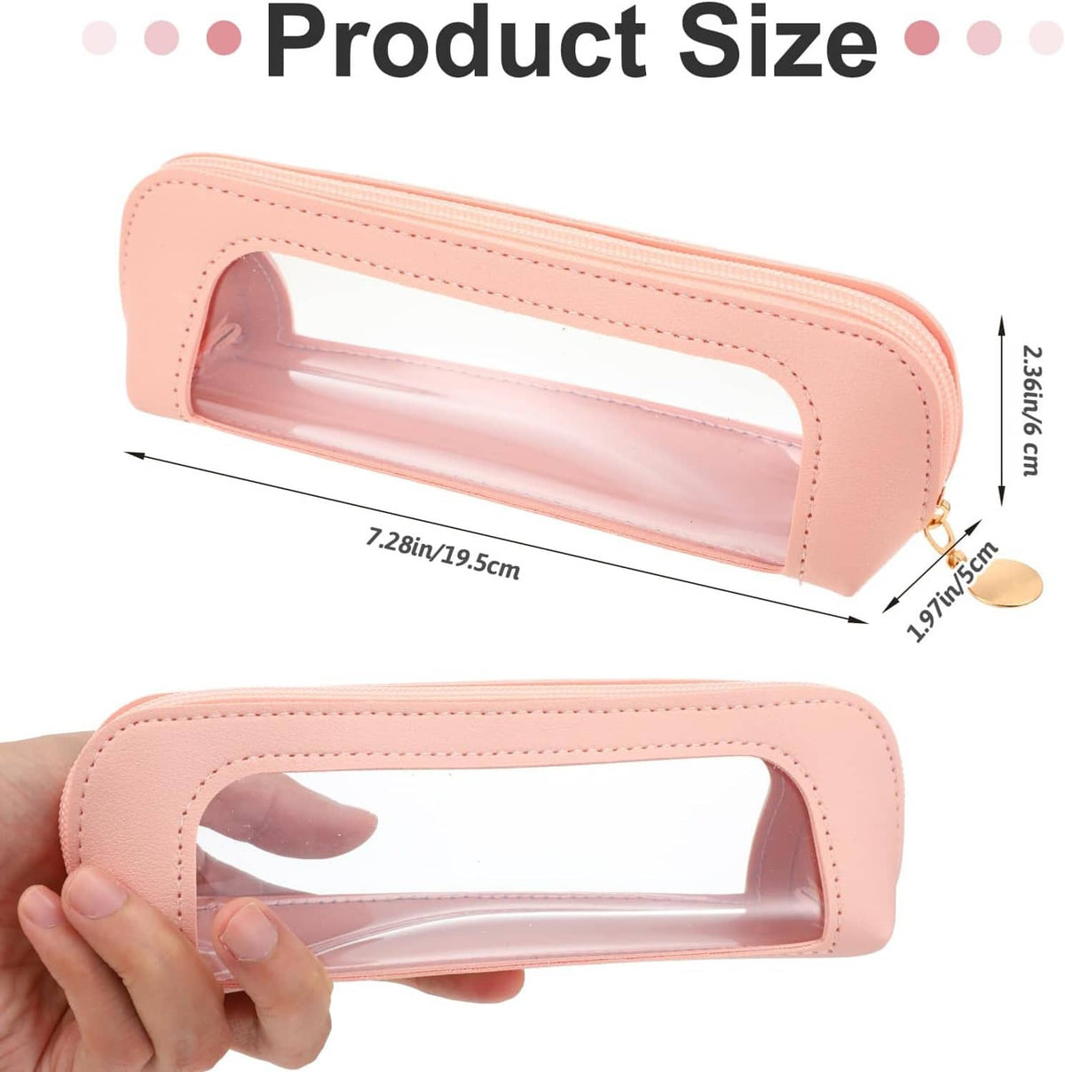 Pink clear makeup brush bag with transparent panel, shown with length and width measurements