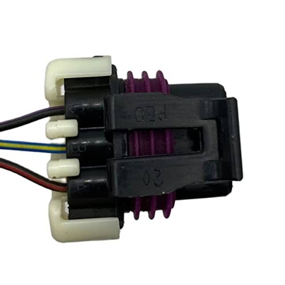 Camshaft position sensor connector wiring harness with black housing and purple shield