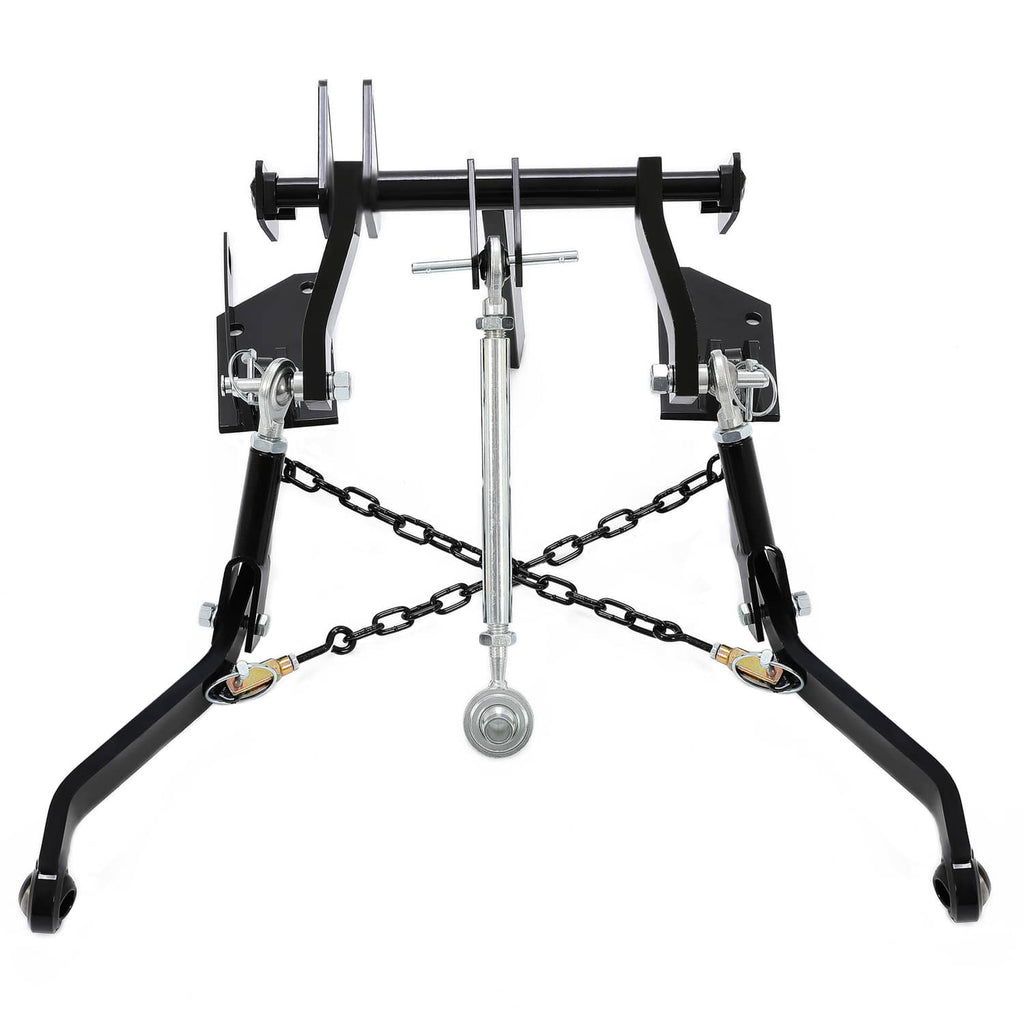 Rear 3-point hitch assembly with black frame, two lift arms, chains, and center linkage