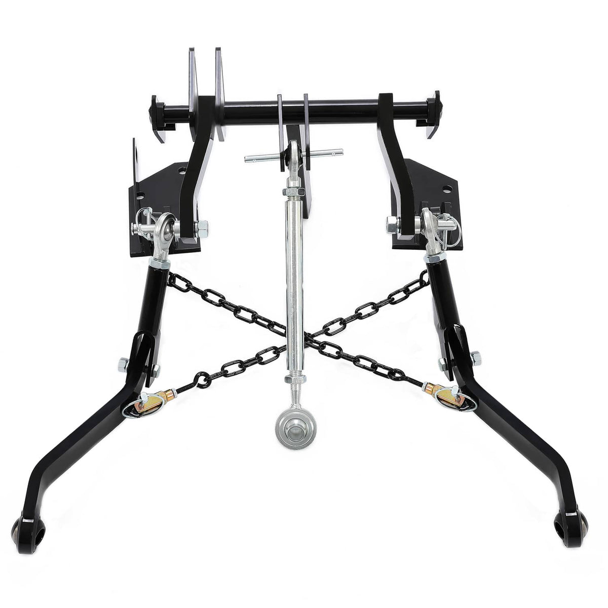 Rear 3-point hitch assembly with black frame, two lift arms, chains, and center linkage