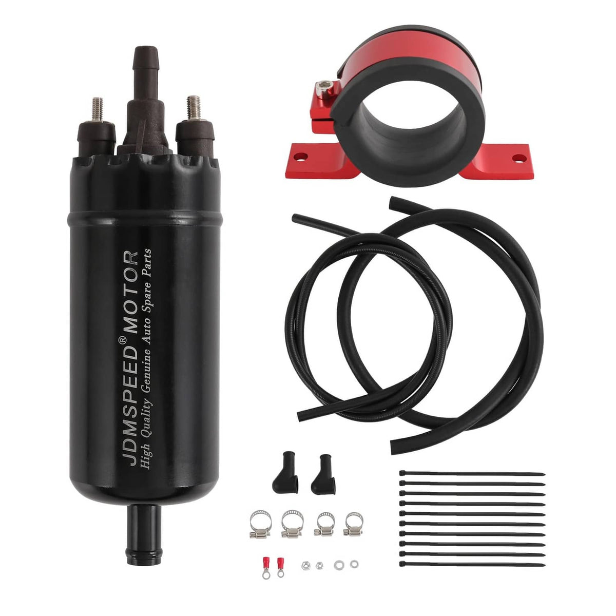 Black fuel pump with mounting bracket clamp, black fuel hoses, and installation parts