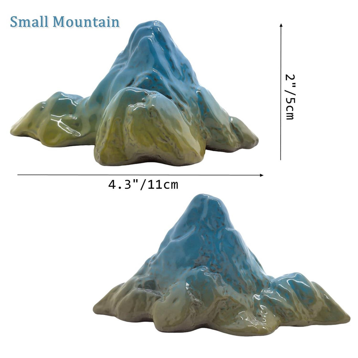 Small green ceramic mountain hideout with blue top; dimensions shown on white