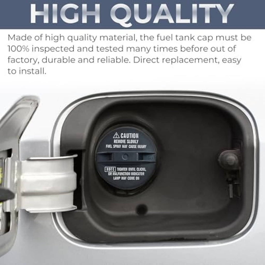 Fuel tank cap installed in fuel door opening with visible caution label