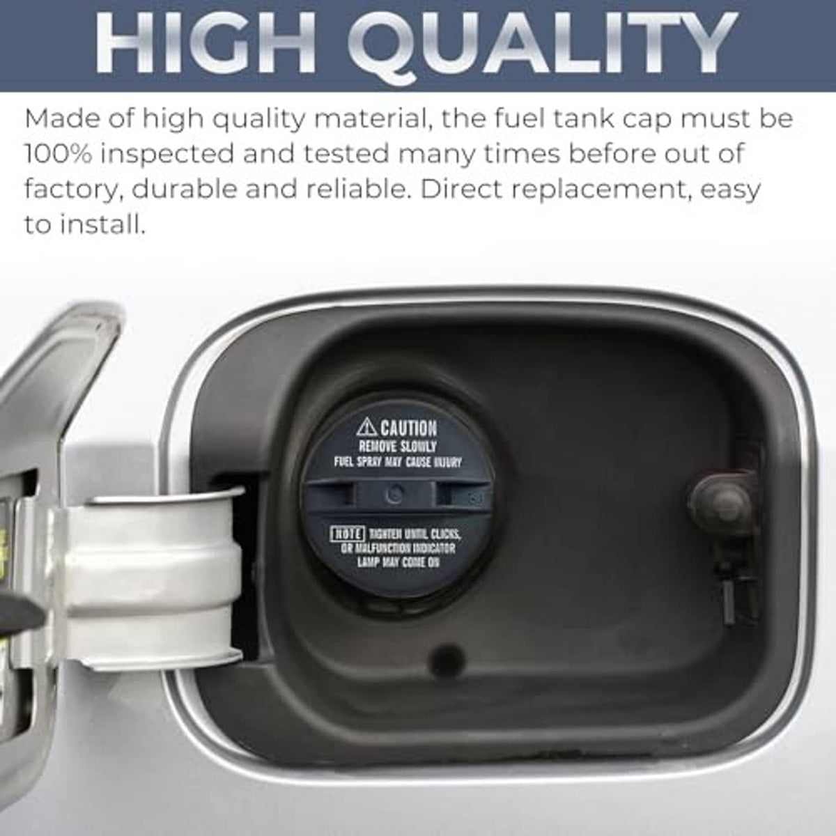 Fuel tank cap installed in fuel door opening with visible caution label