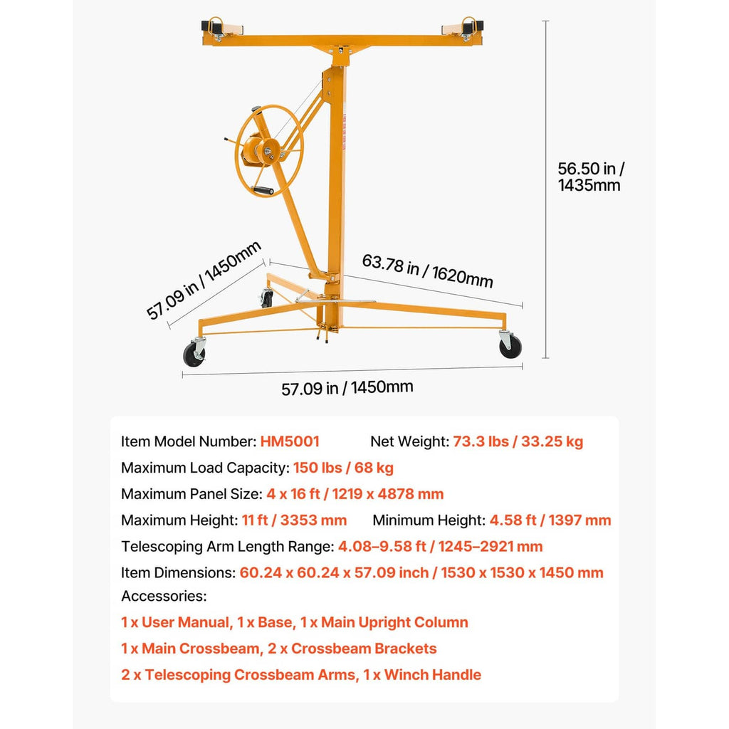 Uimoso 11ft drywall lifter with adjustable arm and caster base (with dimensions)