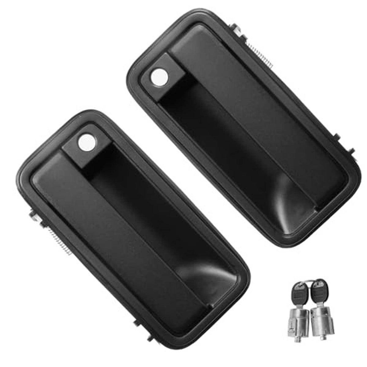 Two black exterior door handles with mounting tabs and cylinder key set, 2-piece