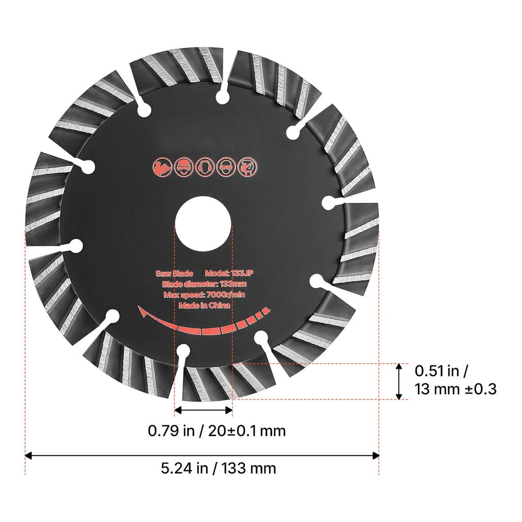 Single diamond blade diagram with 0.79 in arbor and 5.24 in blade diameter