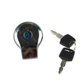 Fuel gas tank cap with lock cylinder and two keys, black and chrome with blue center