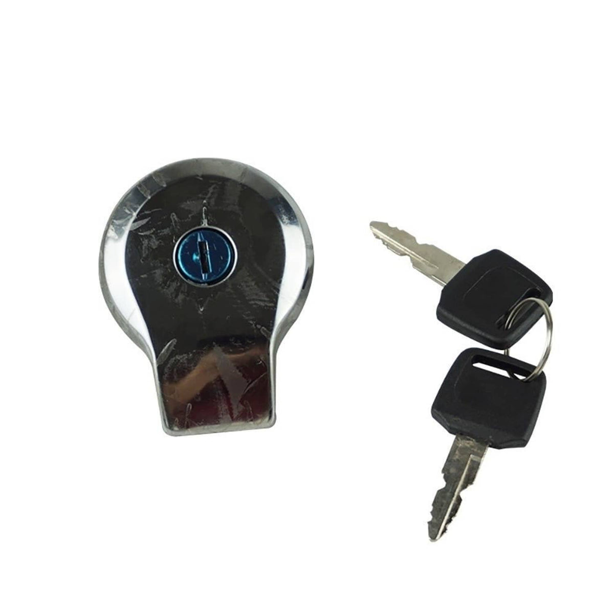 Fuel gas tank cap with lock cylinder and two keys, black and chrome with blue center