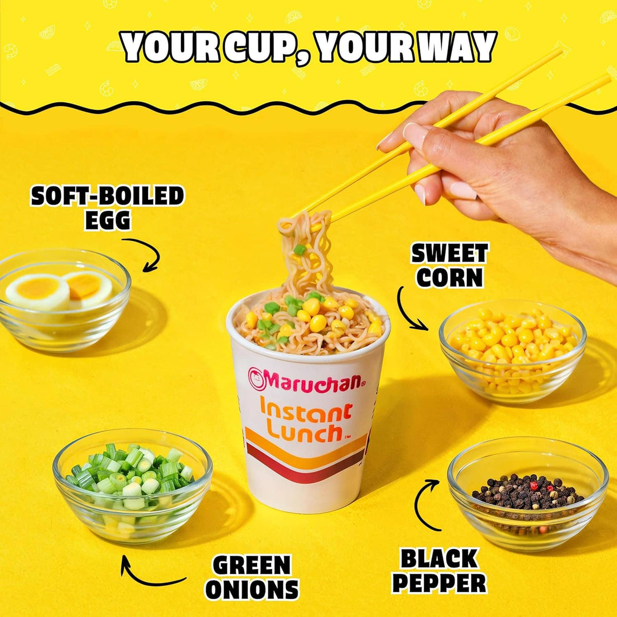 Maruchan Instant Lunch chicken flavor cup setup with ingredient bowls