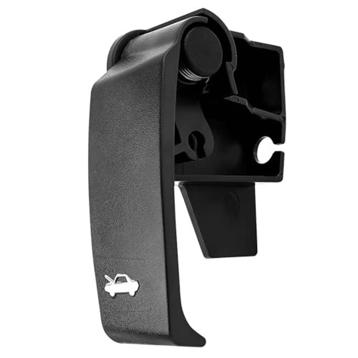 Black hood release handle with latch housing and airplane emblem