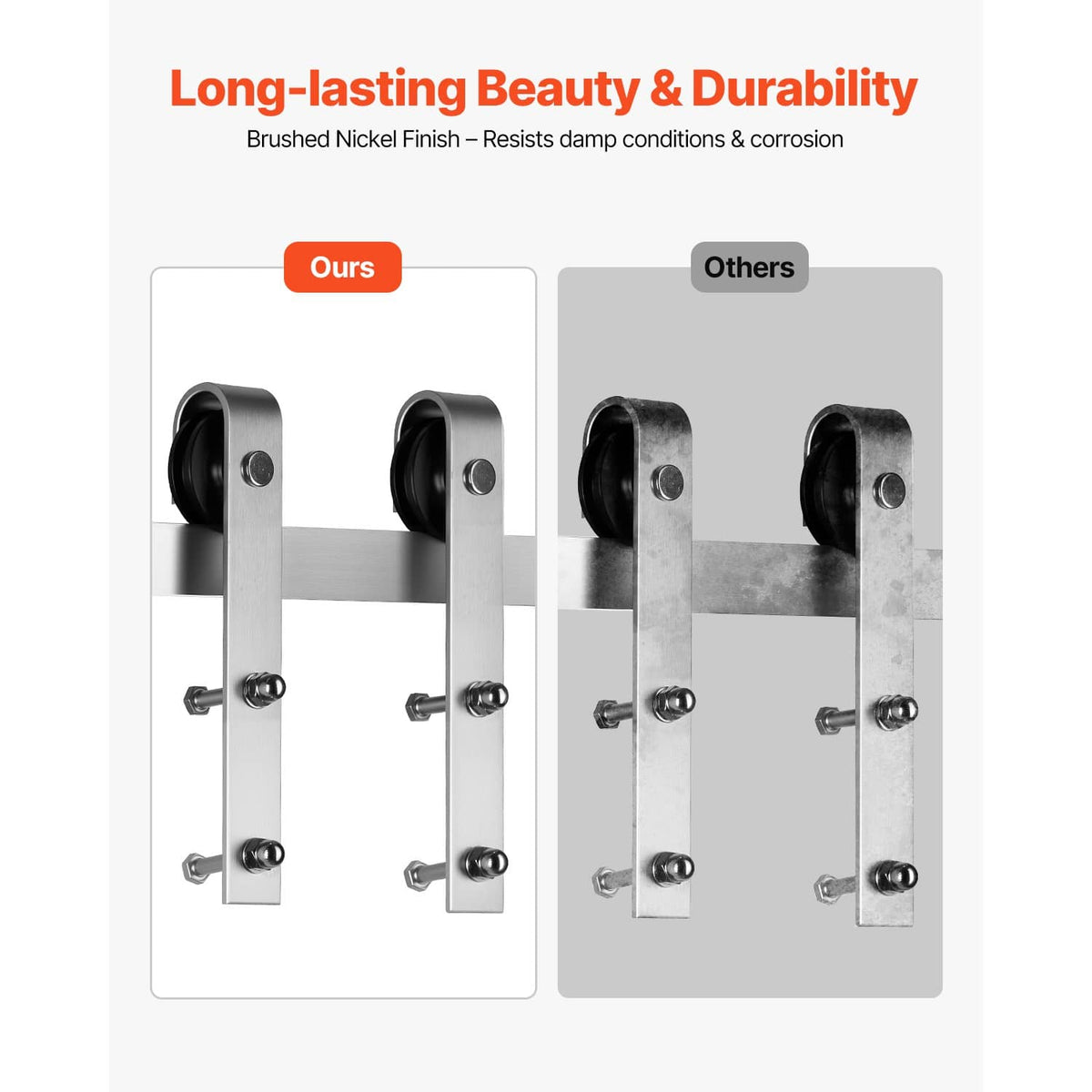 Brushed nickel-finish sliding barn door rollers and brackets comparison view