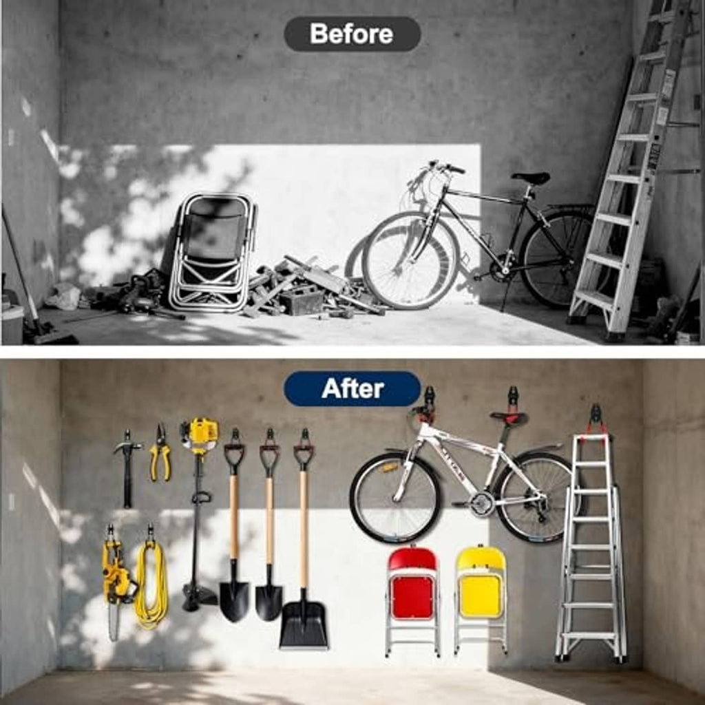 Garage organization with orange and black wave wall hooks holding bikes and tools