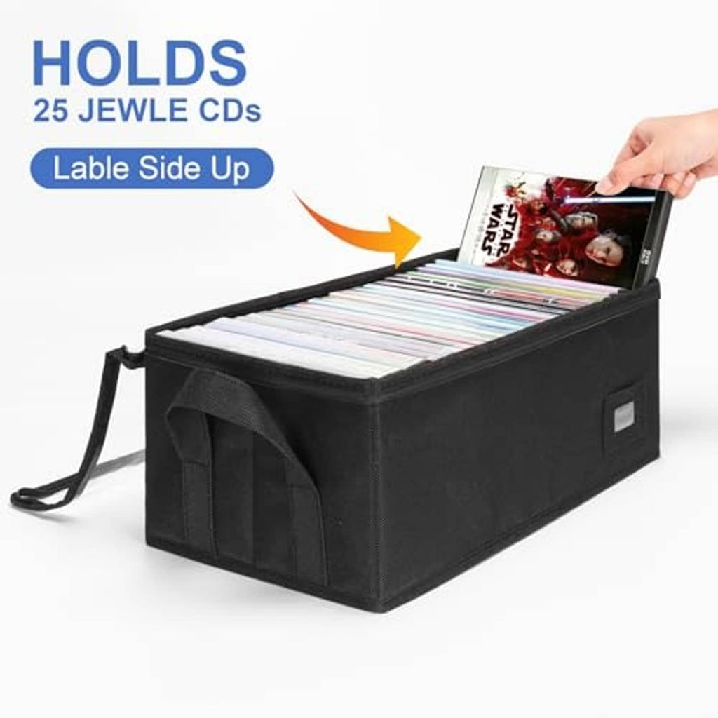 Black DVD storage case with open clear lid and black zipper top, side handle straps