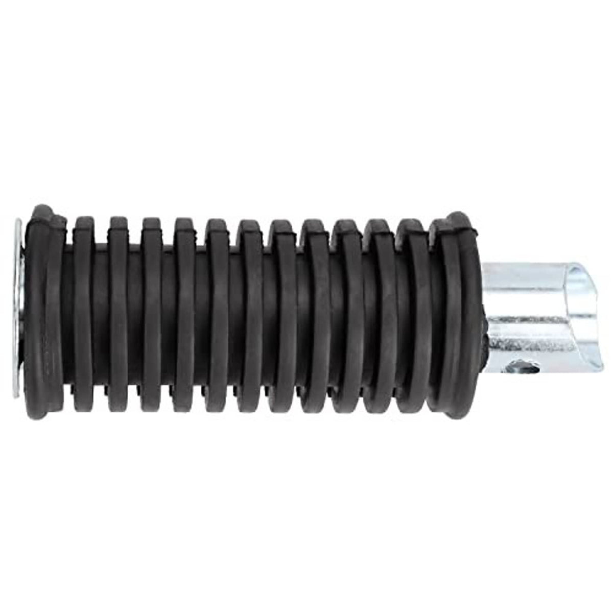Mini bike foot peg with black ribbed rubber sleeve and silver mounting stem