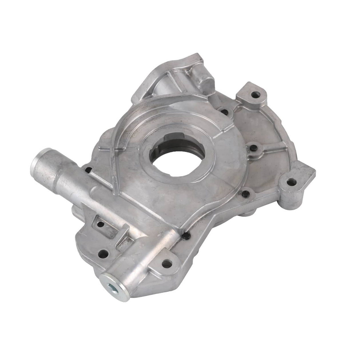 Metal oil pump housing with circular bore, side outlet tube, and mounting bolt holes