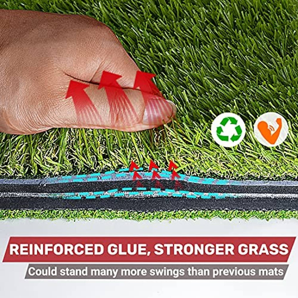 Artificial grass golf mat edge with hand pressing and visible backing layers