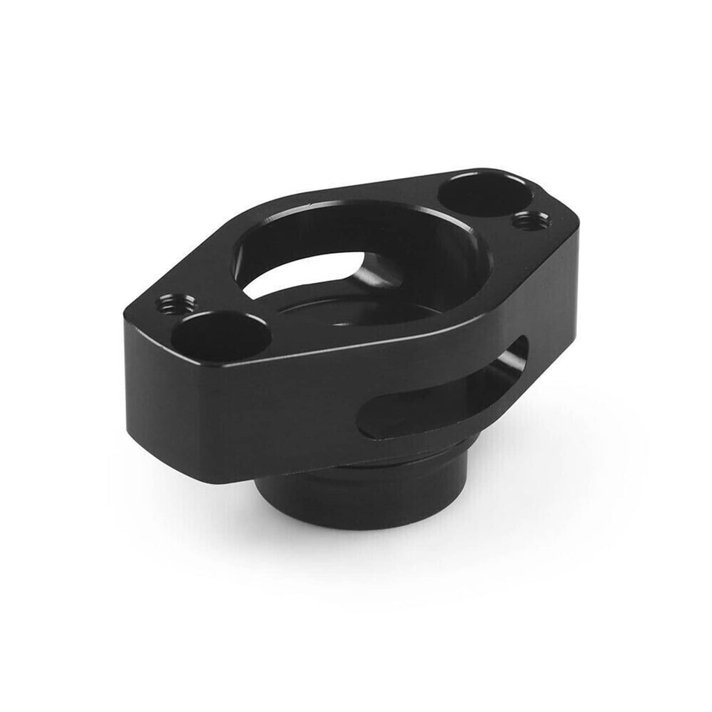 Black blow off valve adapter with large circular opening and slotted side cutout