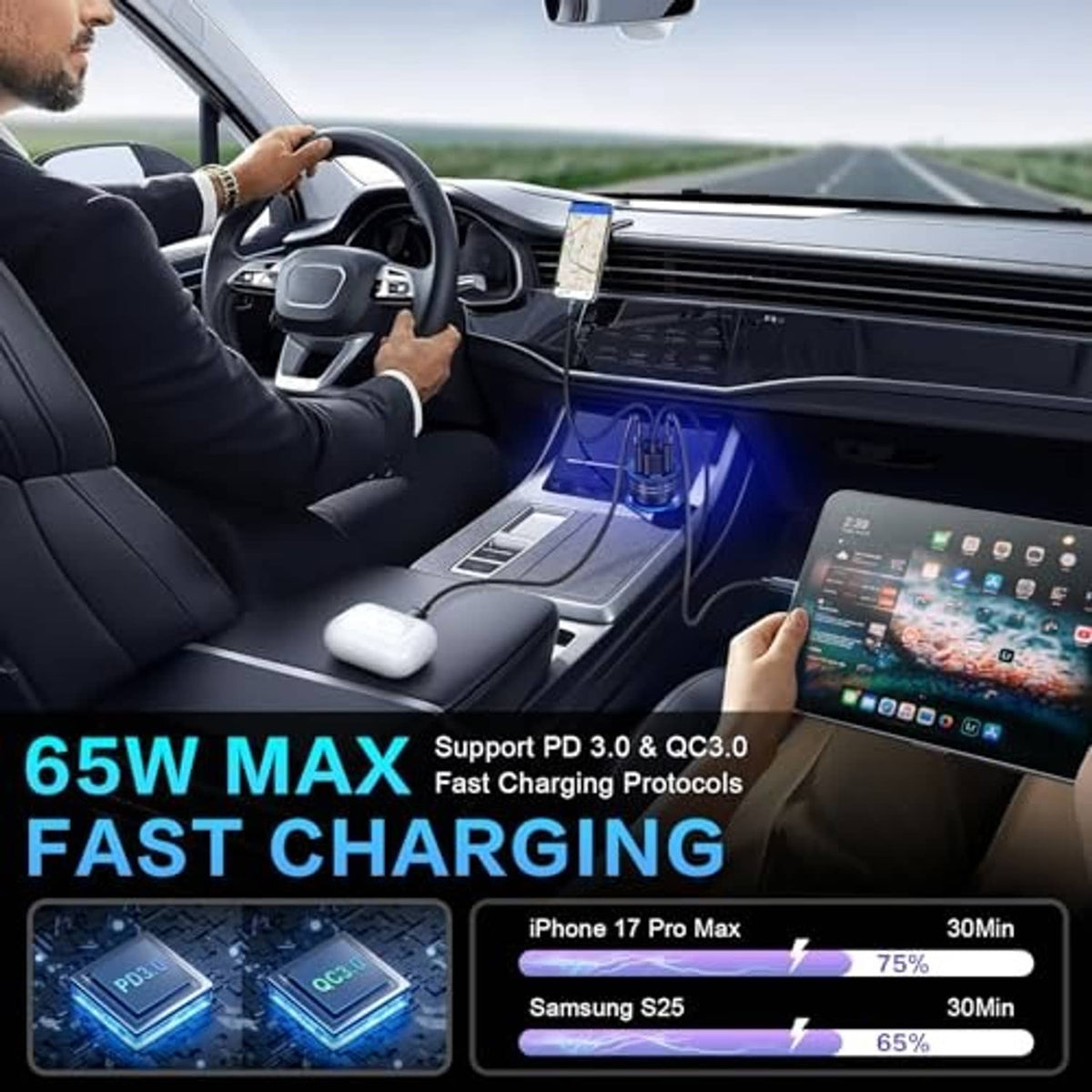 Black 65W max USB-C car charger with blue LED voltage display and dual USB fast ports
