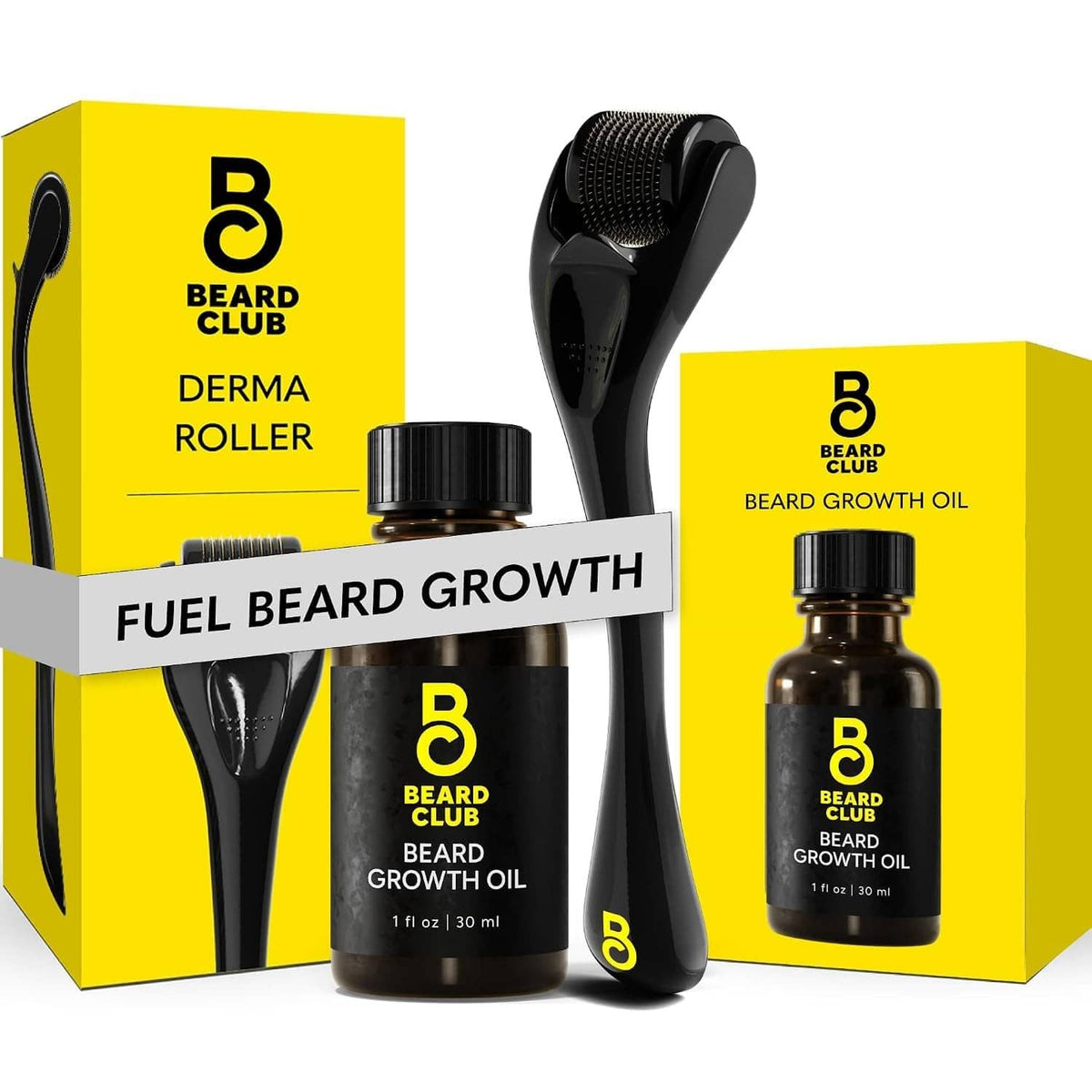 Beard Club derma roller with beard growth oil 1 fl oz set, shown with bottles and box