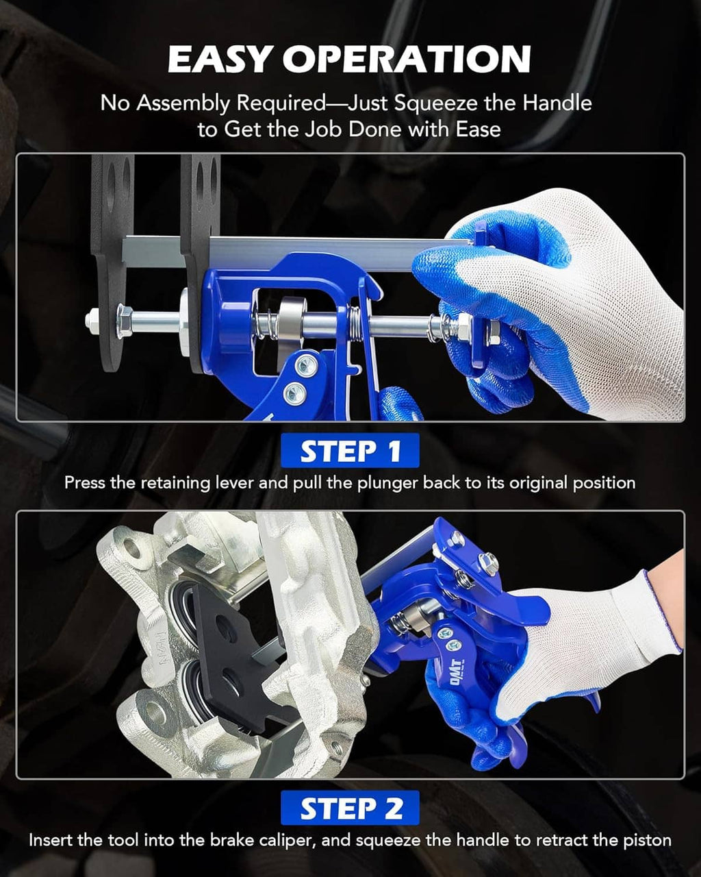 Blue brake caliper piston compressor tool step guide with gloved hand operating handle