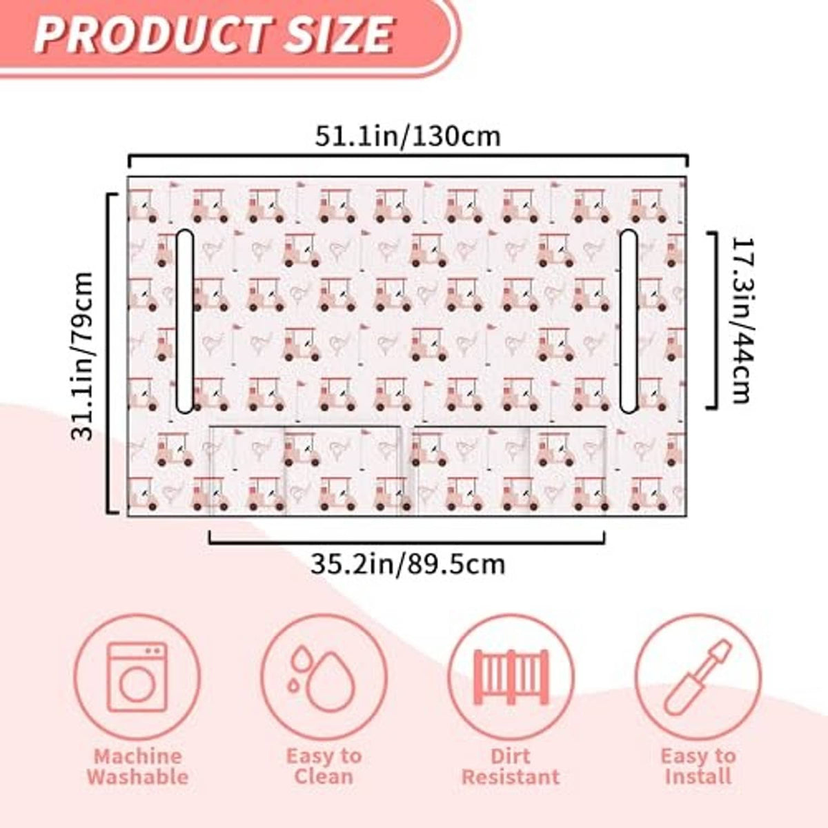 Size diagram for pink golf cart seat cover with listed length and width