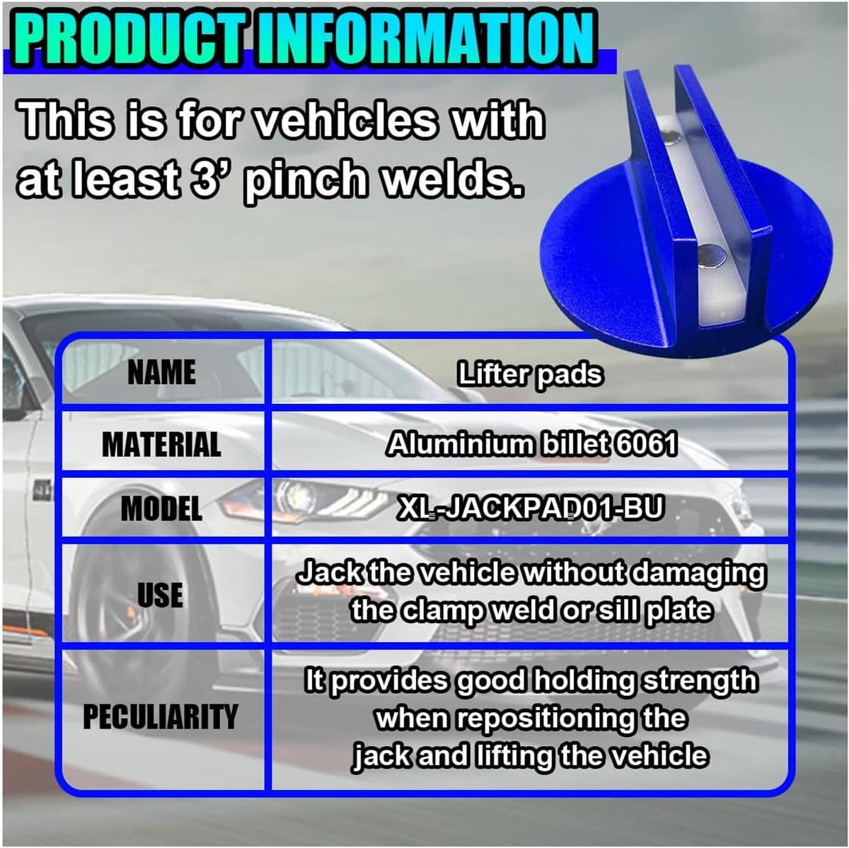 Universal magnetic jack pad shown on a blue base with slotted metal fork and insert