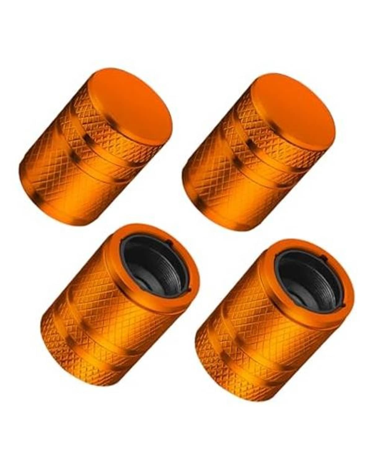 Orange metal tire valve stem caps four-pack, textured grip and black interior
