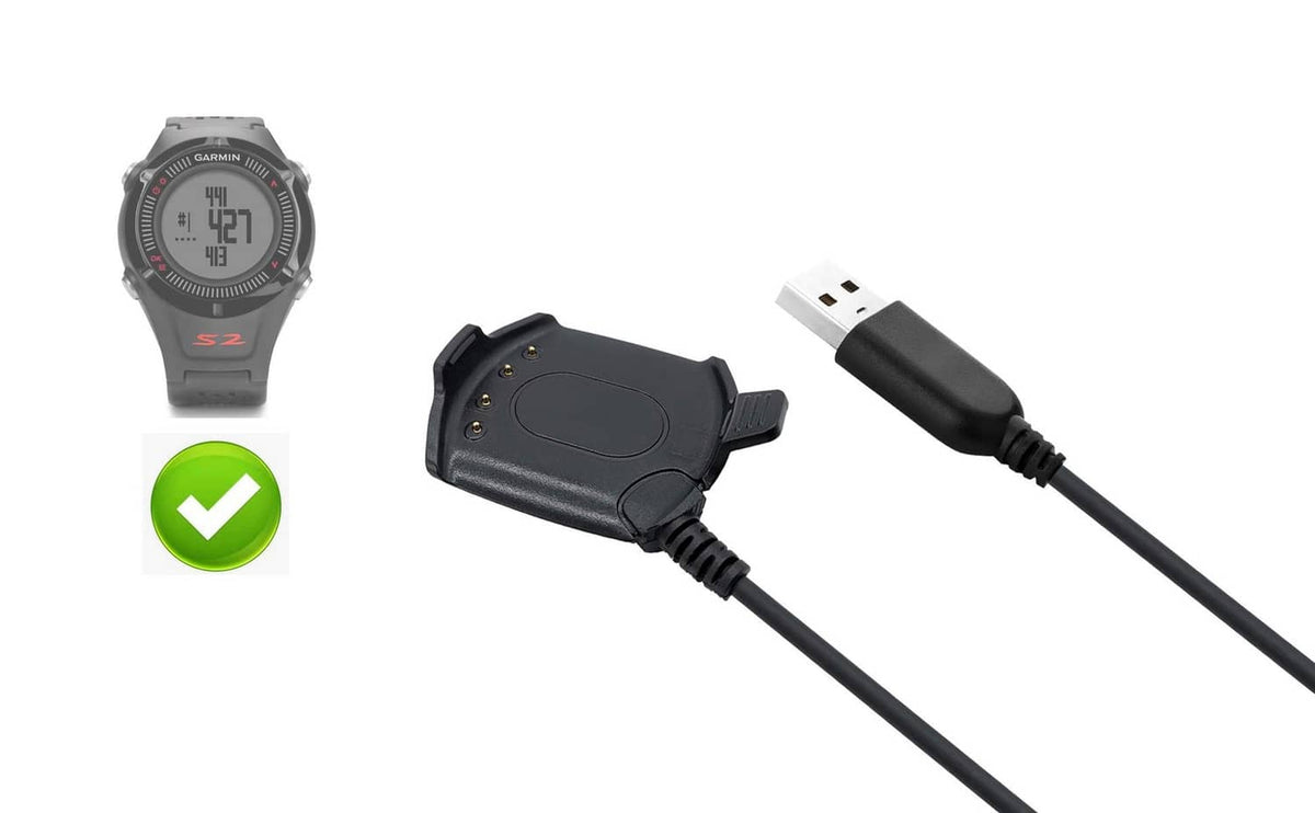 Charging cable with USB-A plug and black watch charging dock for Garmin Approach S2