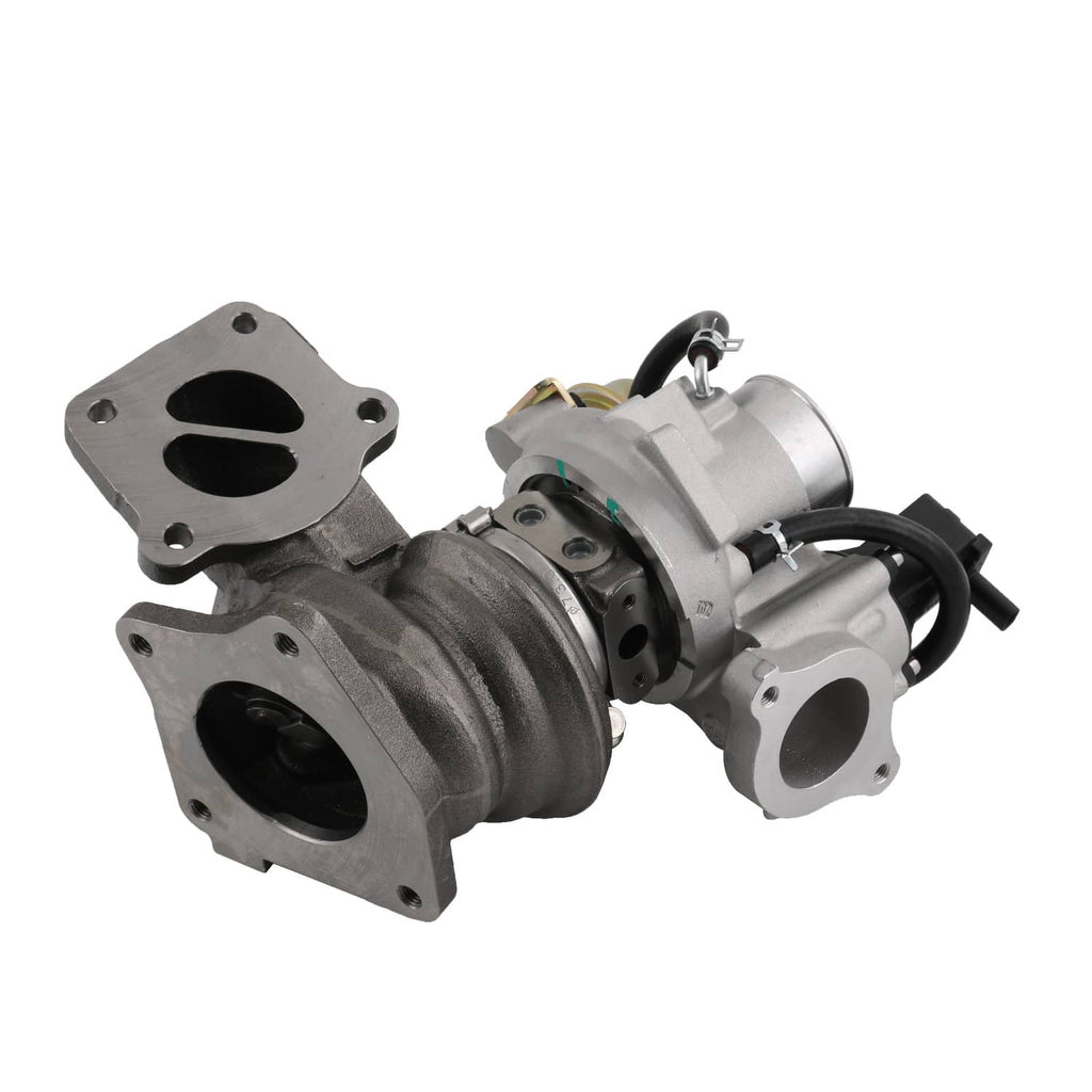 Turbocharger assembly with black intake housing, silver compressor housing, and cables