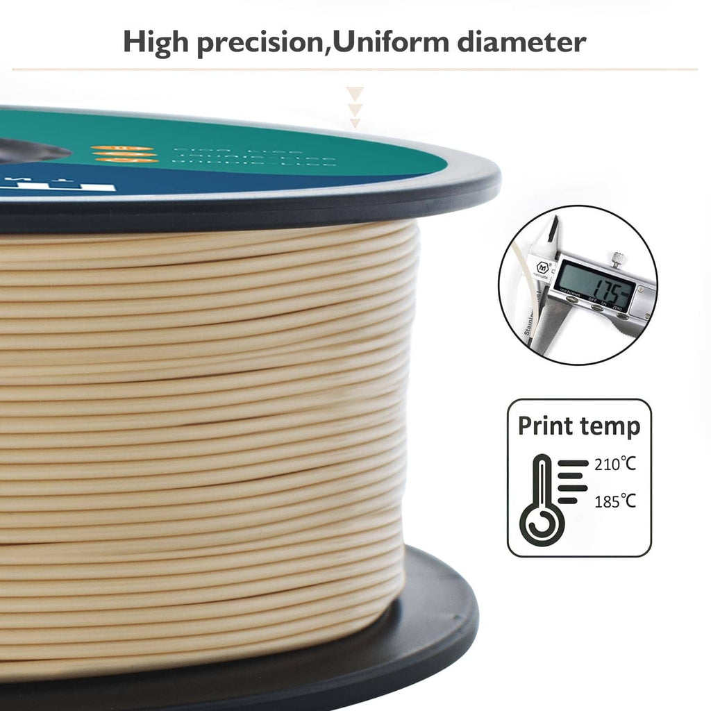 Bone white PLA filament spool with close-up of uniform filament diameter