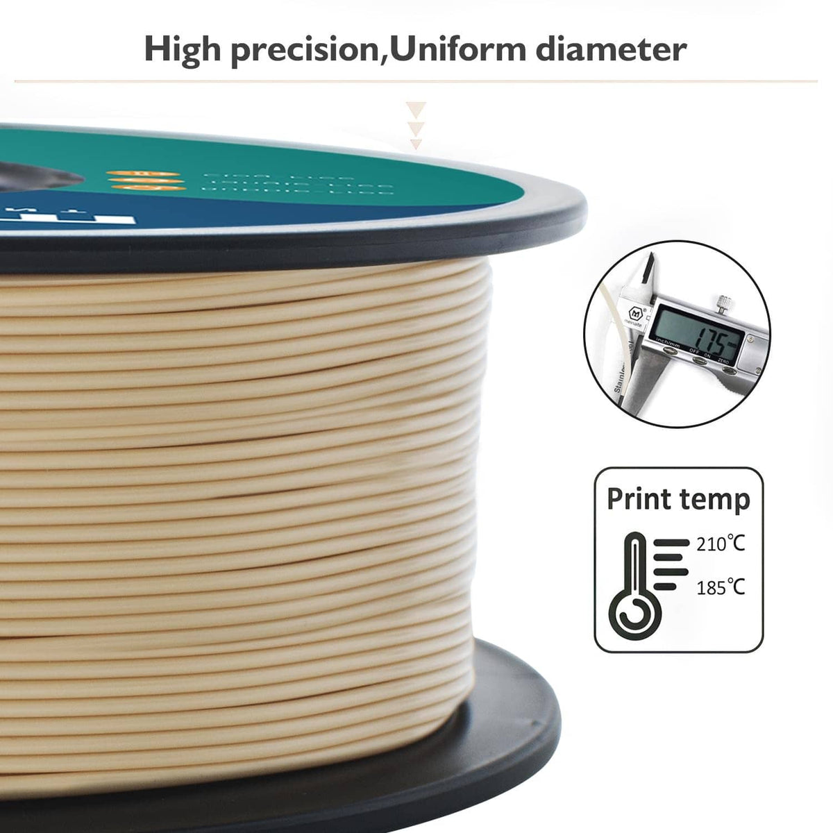 Bone white PLA filament spool with close-up of uniform filament diameter