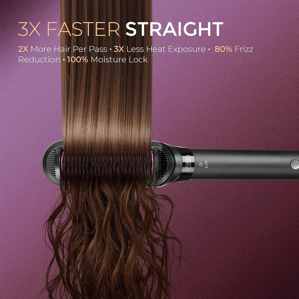 Hair straightener brush applying heat to a section of brown hair