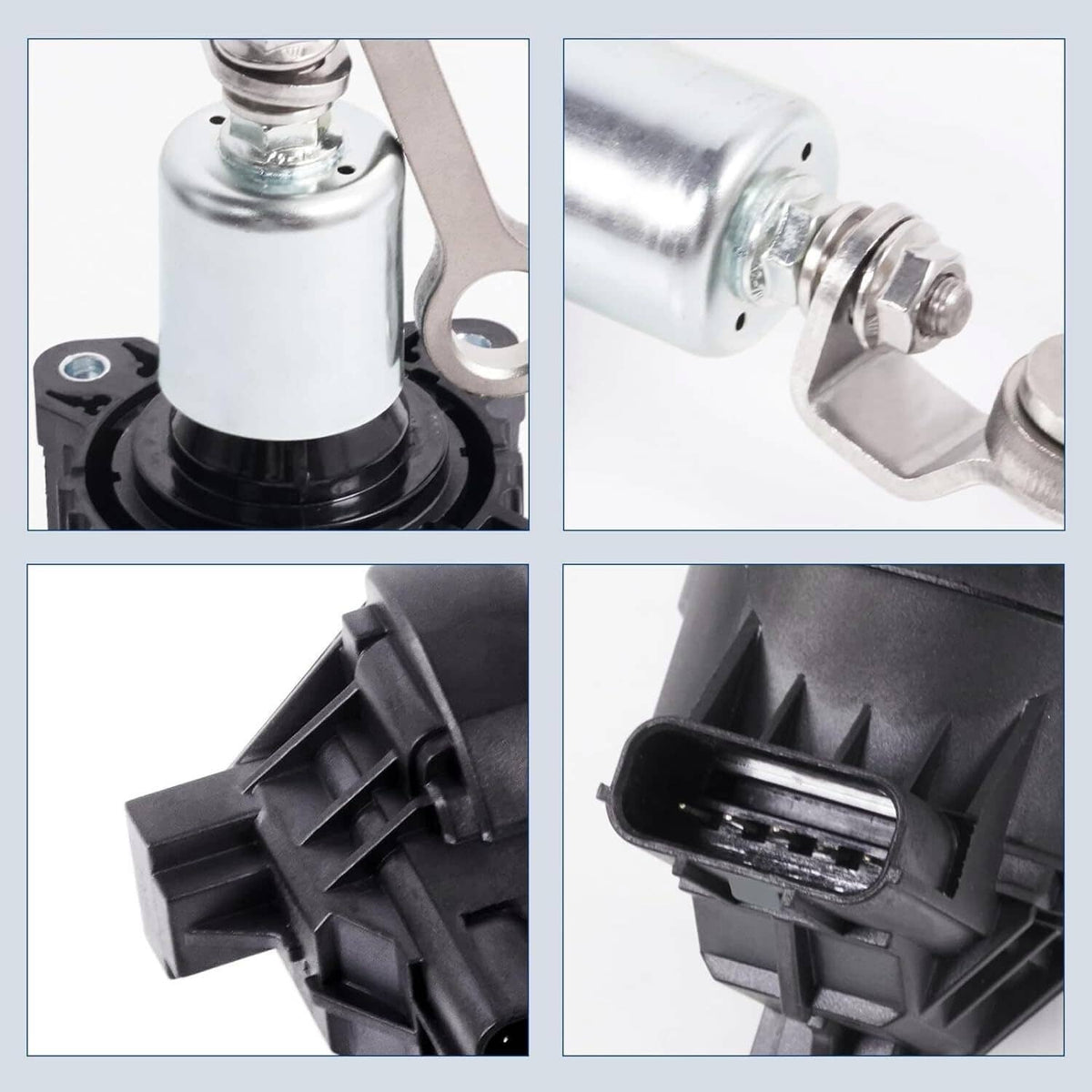 Wastegate valve actuator solenoid close-up of silver body and black connector