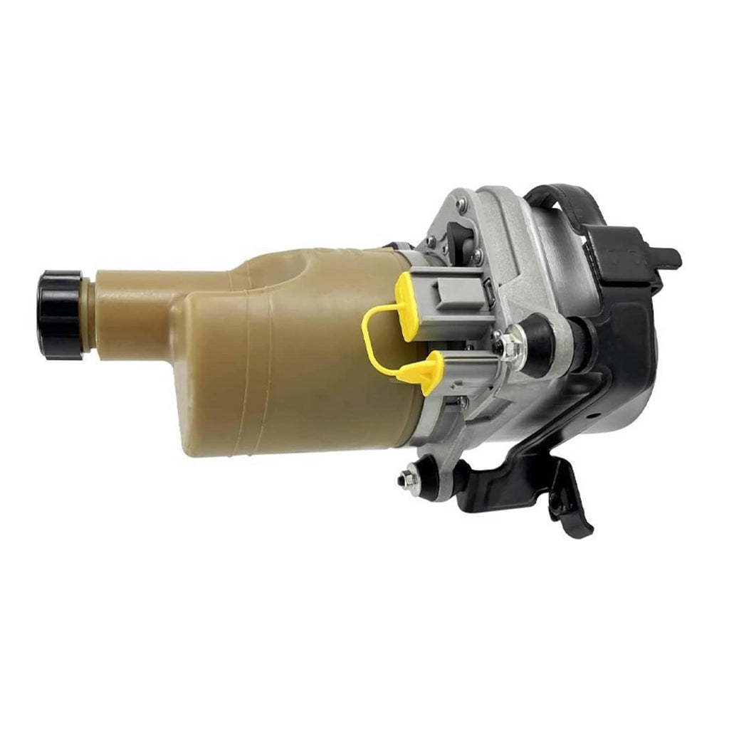 Electric power steering pump angled view with beige reservoir and yellow plastic alignment tabs