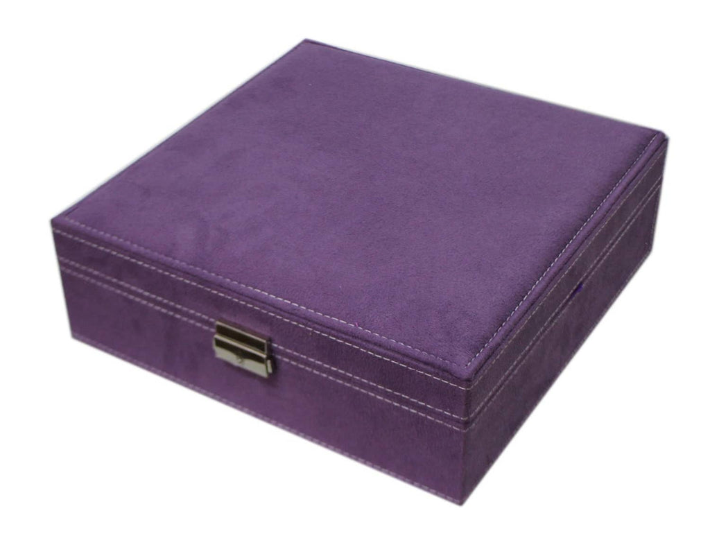 Purple two-layer jewelry box organizer, hinged lid with front clasp