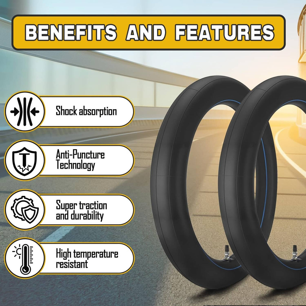Black inner tubes 2-pack, dual tubes with blue stripe and metal valve stems