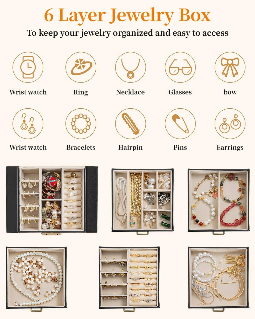 Open layered jewelry box with ring and necklace compartments for accessories