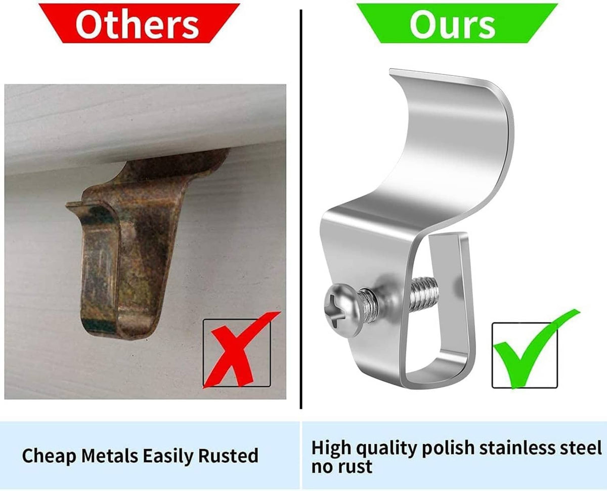 Silver siding camera clips beside an example of rusting metal, with a protected no-rust clip