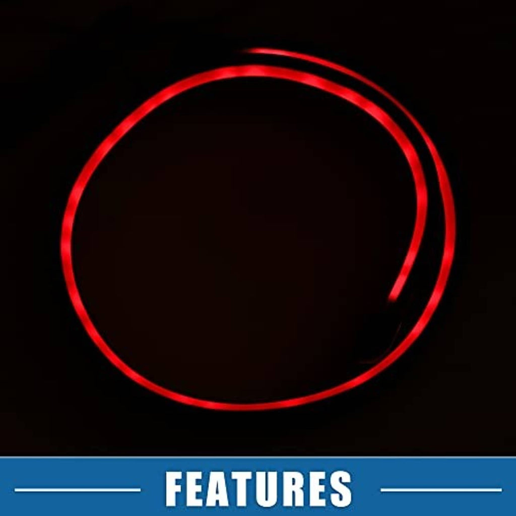 Close-up of red LED brake light ring outline on a black car spoiler strip