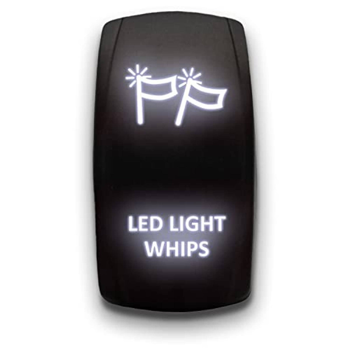 Black rocker switch showing lit LED Light Whips text and light icon