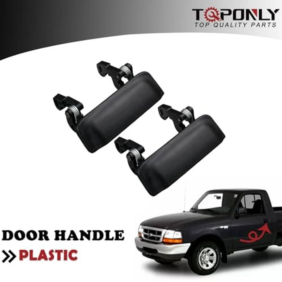 Set of black plastic exterior door handles with metal spring hardware for front driver and passenger