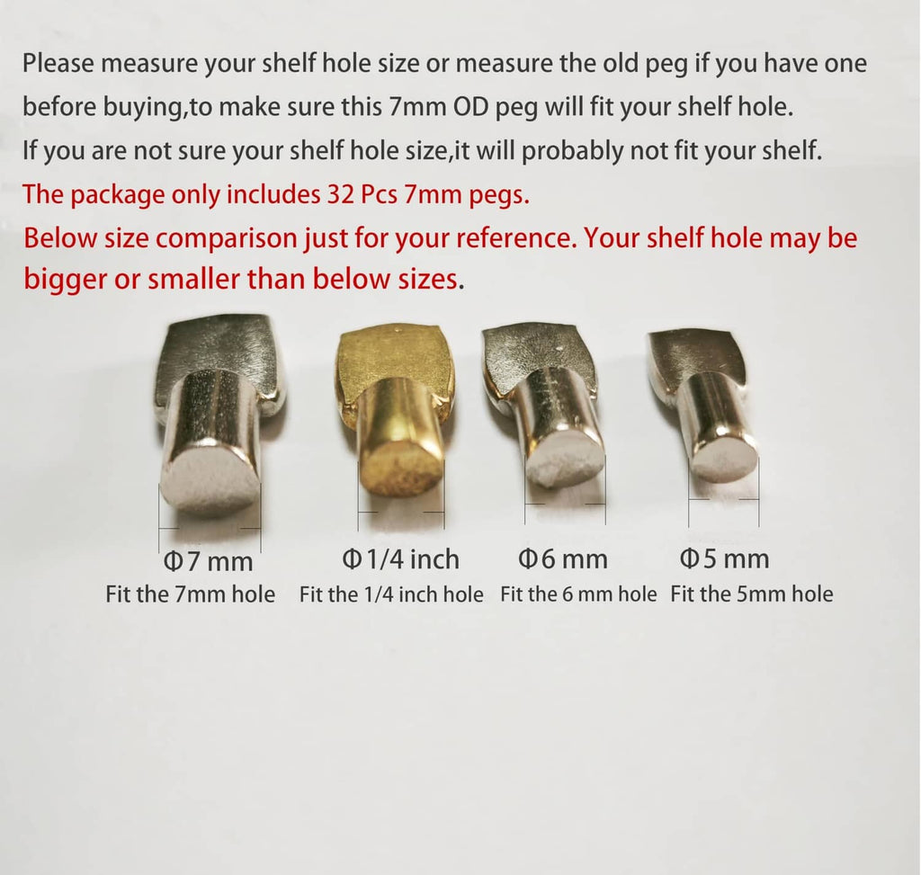 7mm shelf support pegs shown with other sizes, gold and silver metal heads