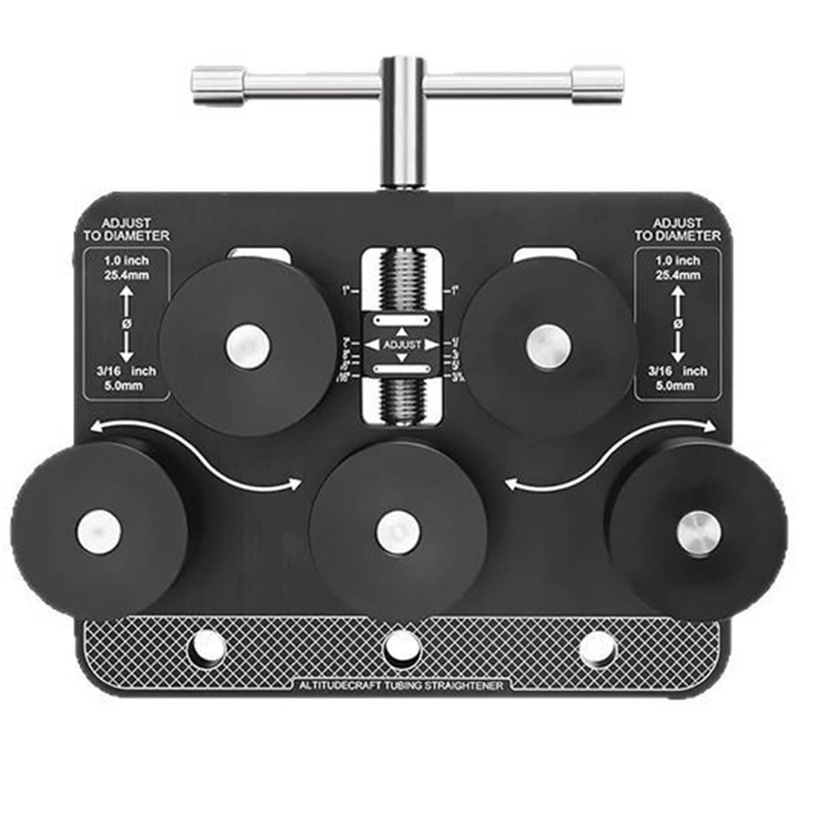 Tube straightener tool with adjustable roller clamps and center T-handle