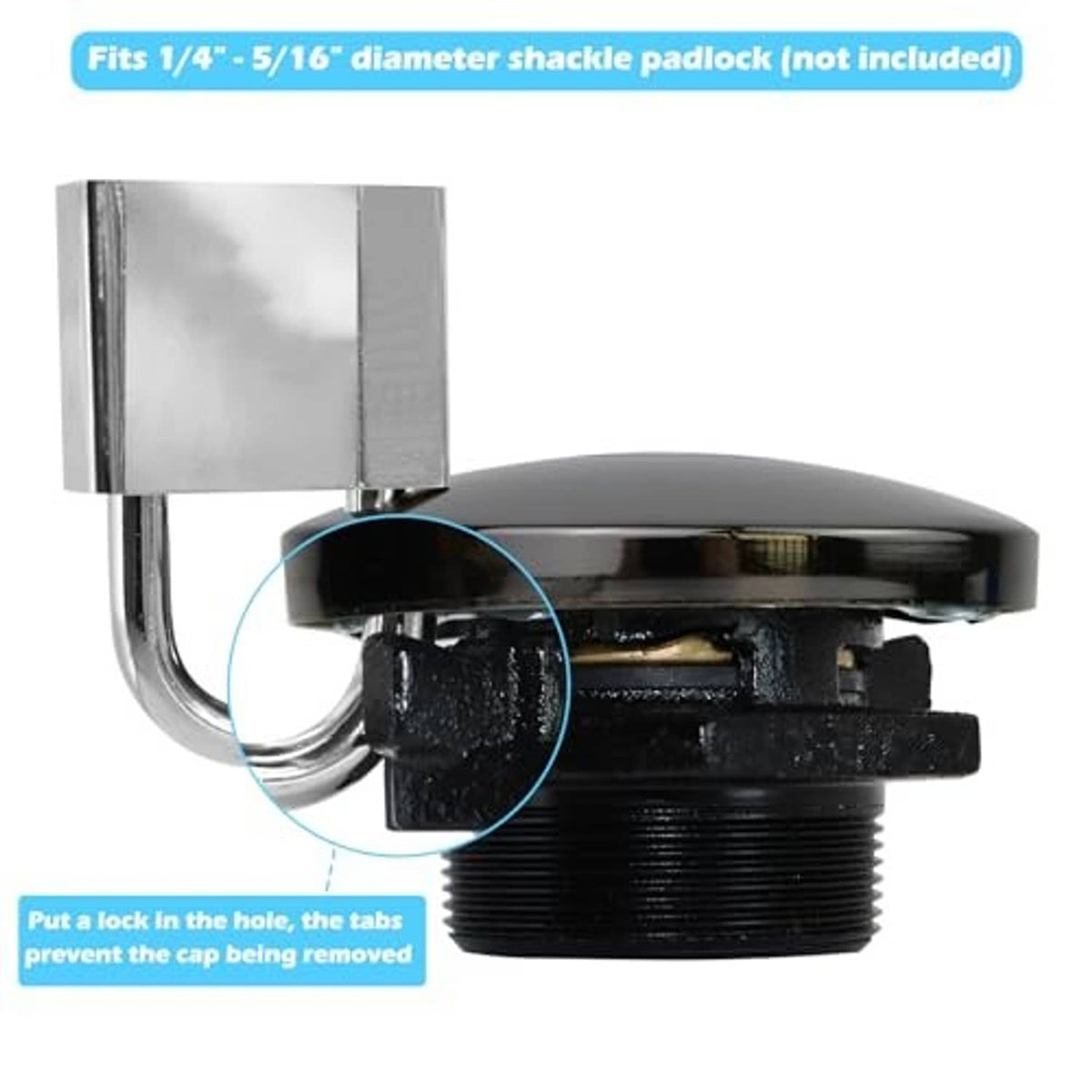 Fuel transfer cap with lock tab and shackle padlock hole, vented
