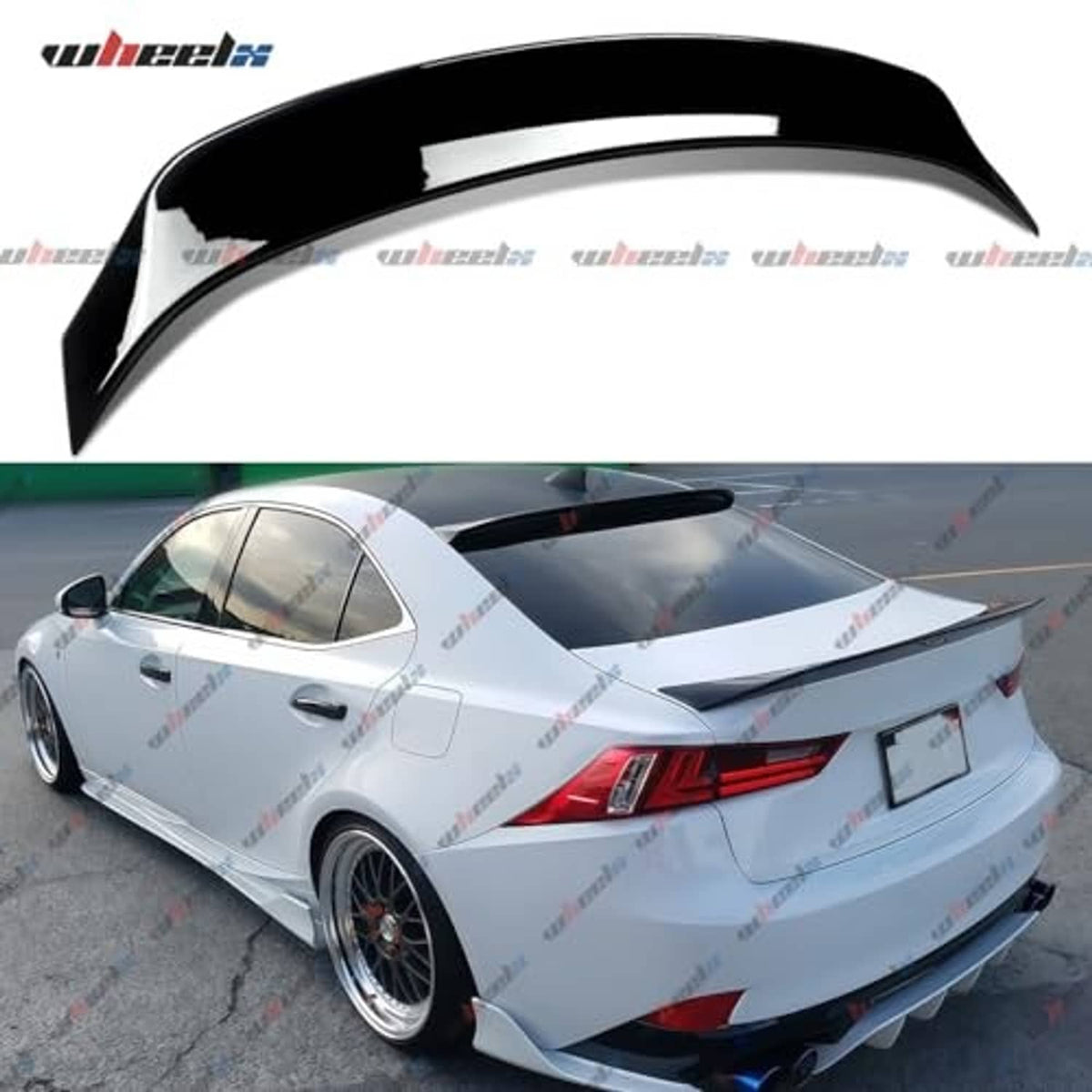 Gloss black duckbill rear spoiler on white car, rear three-quarter view