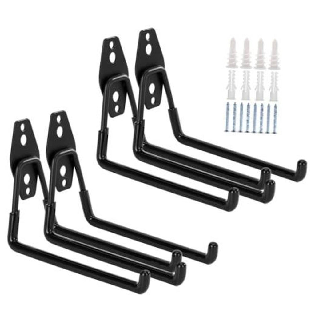 Set of four black J-style heavy-duty garage wall hooks with mounting plate holes
