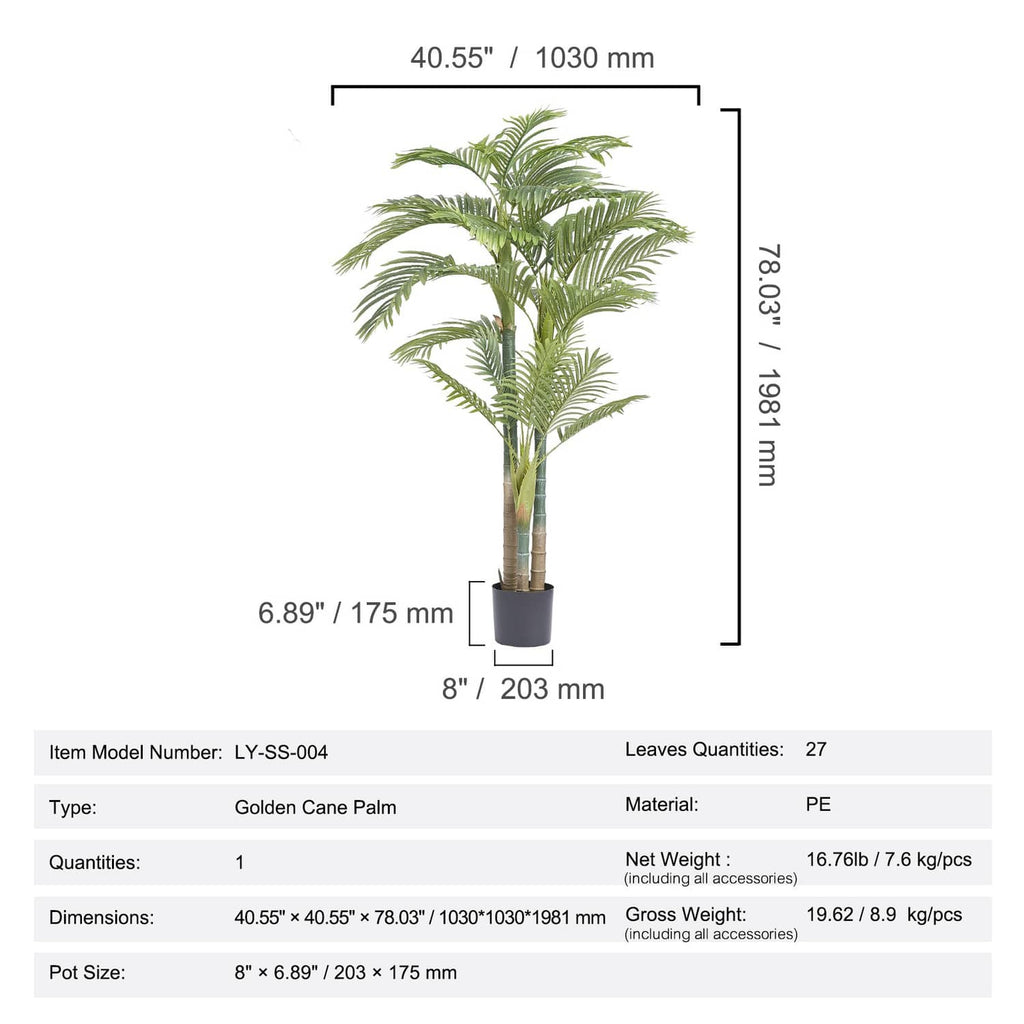 Artificial golden cane palm tree with green fronds shown with size measurements