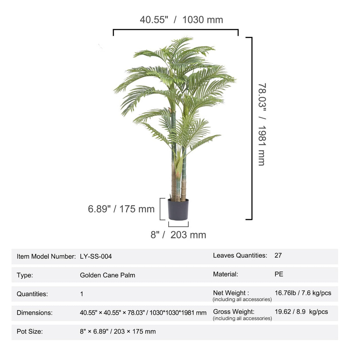 Artificial golden cane palm tree with green fronds shown with size measurements